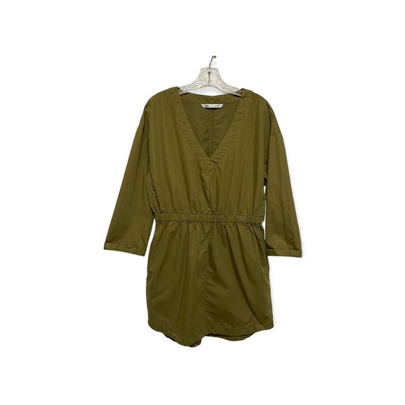 Zara Small Olive Green V Neck Long Sleeve Mini Dress - Picture 3 of 7